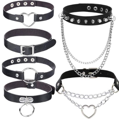 6 PCS Black Leather Choker Neklace O Ring Vintage Gothic Punk Choker Fancy Dress Rock Choker PU Leather Spiked Choker Collar For Women Men Accessory
