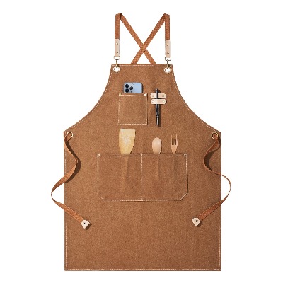 JELBOLIN Chef Apron for Men and Women, with Large Size Pockets and Cross Back Design, Cotton Canvas Heavy Duty Work Apron for Grilling BBQ Salon Barber Cooking, Brown