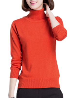 Betusline Women Basic Solid Slim Fit Turtleneck Sweater Pullover, Orange, Small