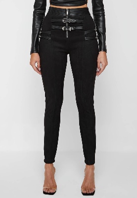 Vegan Suede Buckle Detail Leggings - Black