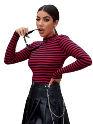 Striped Print Long Sleeve Mock Neck Shirts