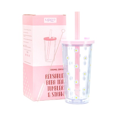 Reusable Boba Cup Smoothie Cup with Resealable Lid Plug - 550 ml/20 oz Double Wall Insulated Boba Tea Cup Boba Tumbler Milk Tea Cup with Wide Reusable Straw