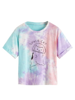 Romwe Women's Casual Tie Dye Cartoon Print Short Sleeve Tops Tee Blouse