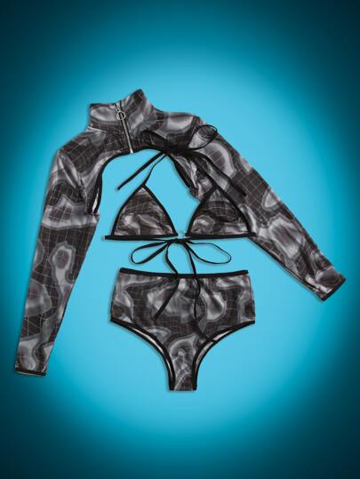 ROMWE 3 piezas Set de lencería con estampado de dibujo unido en contraste