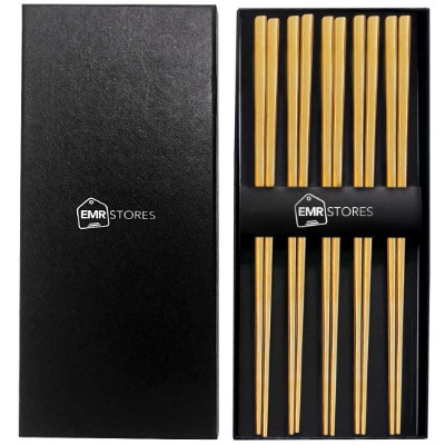 EMRSTORES Stainless Steel Chopsticks - Gold Reusable Chopsticks - 5 Pairs Dishwasher Safe Metal Chopsticks - Easy to Use - Square Lightweight Chop Sticks - Gift Set