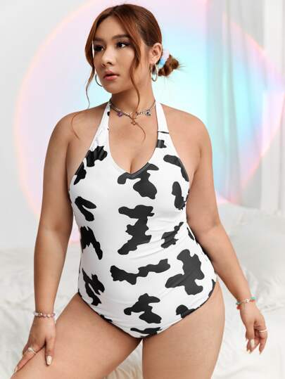 Plus Cow Print Belted One Piece Swimsuit