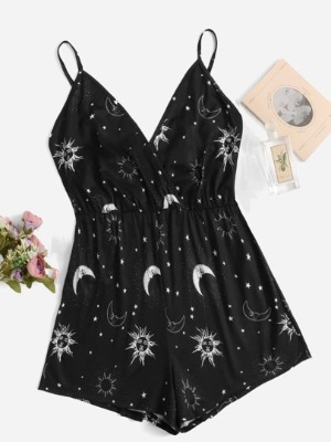 SHEIN Plus Galaxy Print Wrap Cami Sleep Jumpsuit