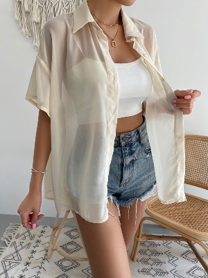 Solid Sheer Button Front Drop Shoulder Shirt Without Cami Top