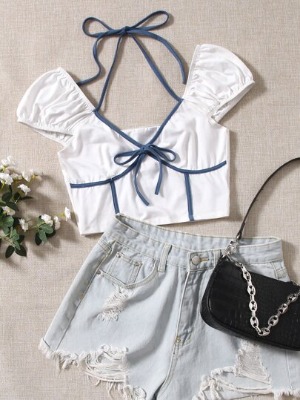 SHEIN Halter Neck Tie Front Binding Trim Crop Tee