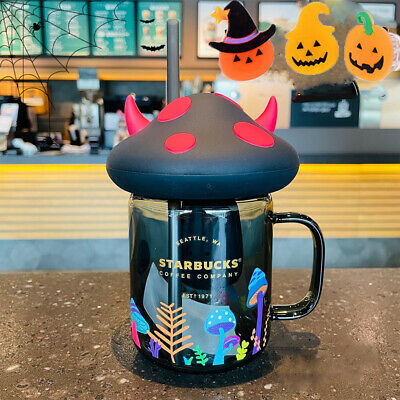 New Starbucks Halloween 2021 Mushroom Mason 18oz Black Straw Glass Cup Ox Horn  | eBay