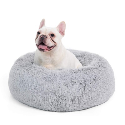 Bedsure Donut Dog Bed Medium - Calming Fluffy Round Cuddler Washable Puppy Dog Cat Bed Nest, Light Grey, 60×60×20cm