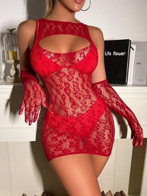 Sheer Mesh Cut Out Bodycon Dress With 1pair Gloves Without Liner