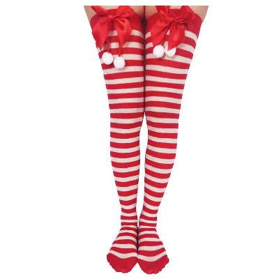 Roskio Christmas White Stripes with Red Bow Fun Long Over Knee High Stockings Socks for Thanksgiving, Xmas, Halloween,
