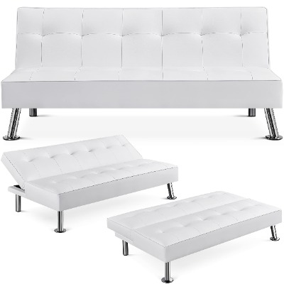 Yaheetech Faux Leather Couch Sofa Bed Convertible Sleeper Sofa with Chrome Metal Legs Daybed with Quick Adjustable Folding for Living Room/Small Apartment/Office, White