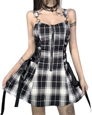 High Waist Sexy Summer Backless Mini Dress Plaid Mall Goth Grunge Punk Black Emo Sexy Party Zipper Dress