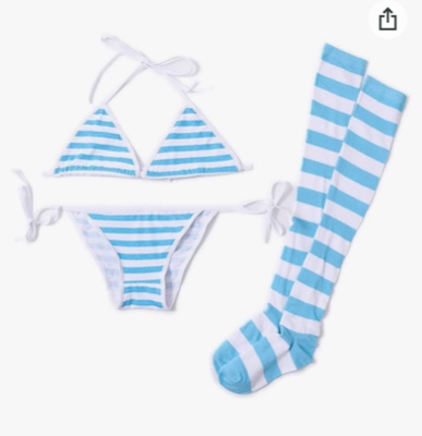 Oludkeph 3 PCS Sexy Japanese Cute Anime Lingerie Set for Women with Striped Thigh High Socks Bikini - Blue One Size