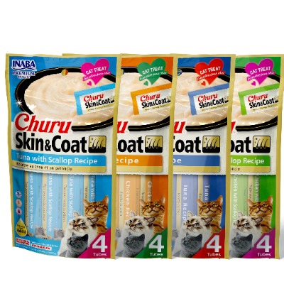 INABA Churu Lickable Purée Natural Cat Treats for Skin and Coat with Omega Oils, Taurine and Vitamin E, 0.5 Ounces Each