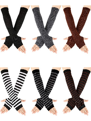 6 Pairs Women Long Fingerless Gloves Arm Warmers Knit Thumbhole Stretchy