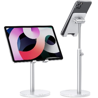 Cell Phone Stand, OMOTON Angle Height Adjustable Tablet Stand, Aluminum Phone Holder Dock for Desk, Compatible with iPhone 13 Pro Max/13 Pro/13/12, All Smartphones and Tablets(4-12.9''), Silver