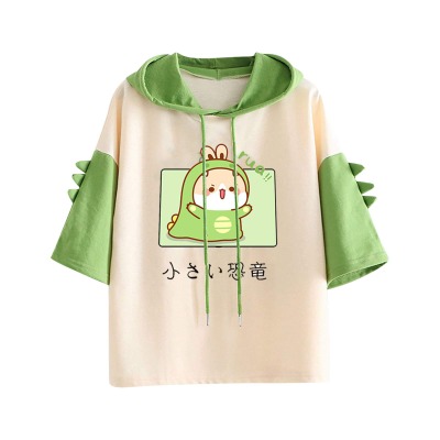 Uppada Women's Lightweight Hoodie Short Sleelve Kawaii Yelling Dinosaur Shirt for Teen Girls Casual Cute Drawstring Pullover