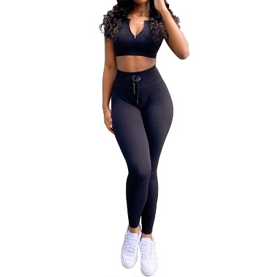 SVVINN Women Workout Outfits 2 Piece Ribbed Seamless Gym Zipper Bra Yoga High Waist Leggings Sets
