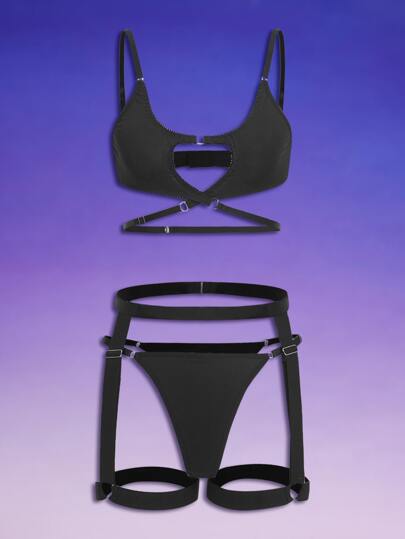 Cyber Luvr 3pack Solid Ring Linked Cut Out Garter Lingerie Set