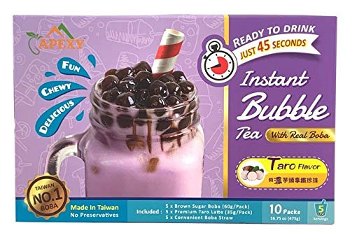 APEXY Bubble Tea Complete Set with Real Boba Pearls, Best DIY Boba / Bubble Tea Kit, Ready In 45 Seconds, 5 Packs Milk Tea Powder + 5 Packs Brown Sugar Tapioca Pearls + 5 Bubble tea Straws (Taro)