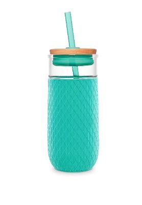 Ello Devon Glass Tumbler with Protective No Sweat Silicone Sleeve and Splash Proof Wooden Detail Lid with Straw, 18 oz