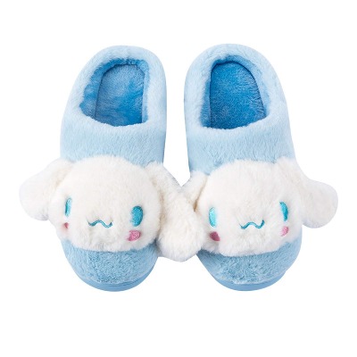 Cute Blue Plush Slippers Cartoon Big Ears Soft Cotton Shoes Kawaii Female Slippers Stuffed Warm Slippers