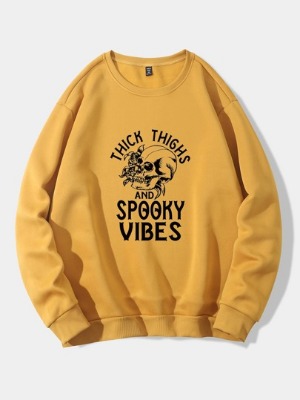 Plus Slogan And Skull Print Thermal Lined Pullover