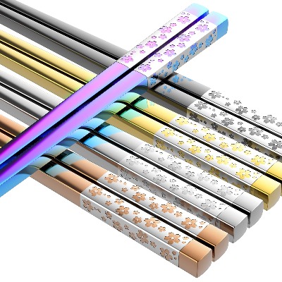 Metal Chopsticks Reusable 5 Pairs Japanese Style Chopstick Multicolor Stainless Steel Chopsticks Dishwasher Safe Square Lightweight Non-Slip Chop Sticks Gift Set