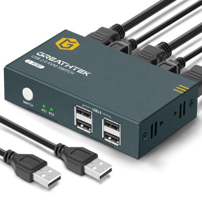 GREATHTEK HDMI KVM Switch USB 2 Port 4K, USB2.0, 4K @30Hz, KVM Switch 2 PC 1 Monitor, Ultra HD, with 2 USB and 2 HDMI Cables, Support Wireless Keyboard and Mouse