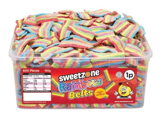 Sweetzone Tub of Sour Power Rainbow Belt Sweets | 600 Fizzy Rainbow Belts | 1000g | Halal Friendly