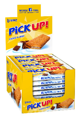 PiCK UP! Choco  Milk - Keksriegel - 24 Einzelpackungen mit Thekenaufsteller - 2 Butterkekse mit knackiger Vollmilchschokolade und Milchcreme (24 x 28 g)