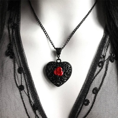 Black Filigree Heart Necklace with Red Rose,Gothic Victorian Pendant,Romantic Valentine Gift For Girlfriend ,Alternative Jewelry