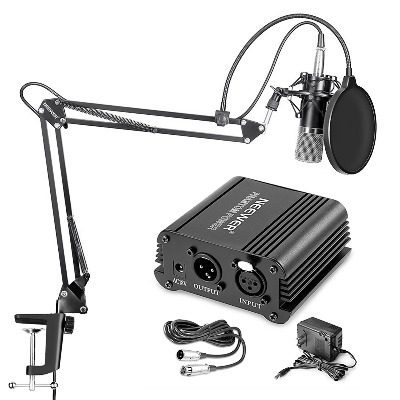 Neewer NW-700 Professional Condenser Microphone  NW-35 Suspension Boom Scissor Arm Stand with XLR Cable and Mounting Clamp  NW-3 Pop Filter  48V Phantom Power Supply with Adapter Kit