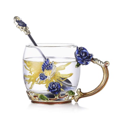evecase Enamels Butterfly Flower Lead-Free Glass Coffee Mugs Tea Cup with Steel Spoon Set, Personalised Gifts for Women Wife Mum Teacher Friends Christmas Birthday Mothers Valentines Day (Blue)