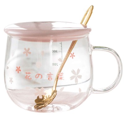 Coffee Cups Sakura Glass, Creative Belt Mug, Cute Heat-Resistant Cup, Transparent Cup, Borosilicate Glass Coffee Cup,Gift (Color : Pink C, Size : 400ML)