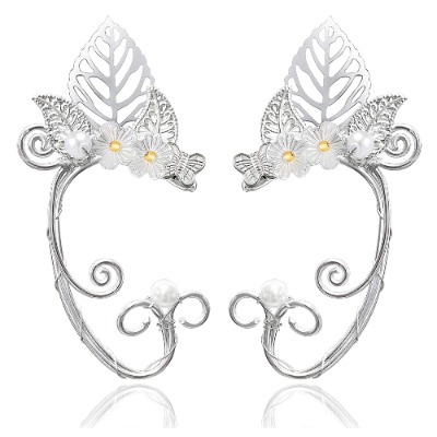 Elf Ear Cuffs, OwMell Silver Pearl Beads Earring Handcraft for Filigree Fairy Elven Cosplay Fantasy Costume