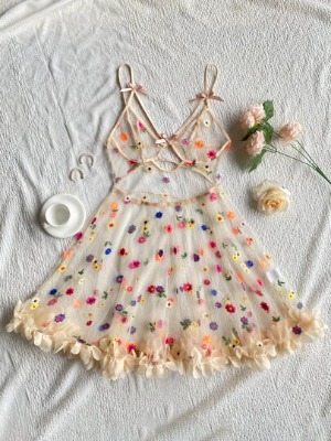 Floral Embroidery Mesh Ruffle Trim Slip