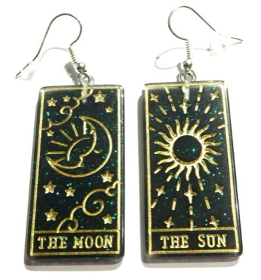 HYPOALLERGENIC TAROT CARD EARRINGS The Sun & The Moon black glitter gold gothic drop pendants