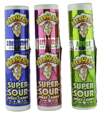 Warheads Super Sour Candy Spray Bottles, Sampler, Bundle, (.68 Oz. Bottles), Blue Raspberry, Apple and Watermelon