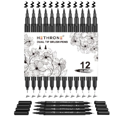 Hethrone Black Dual Brush Pen - 12 Set, Brush & Fine Tip Black Marker for Art Darwing