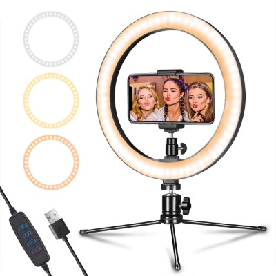LED Ring Light 10" with Tripod Stand  Phone Holder for Live Streaming  YouTube Video, Dimmable Desk Makeup Ring Light for Photography, Shooting with 3 Light Modes  10 Brightness Level