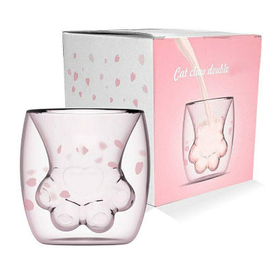 Cute Cat Mugs Cat Paw Cup Sparks Claw Glass Double Wall Cat Coffee Mugs Cat Foot Milk Glass Sakura Cup Gift for Coffee Tea