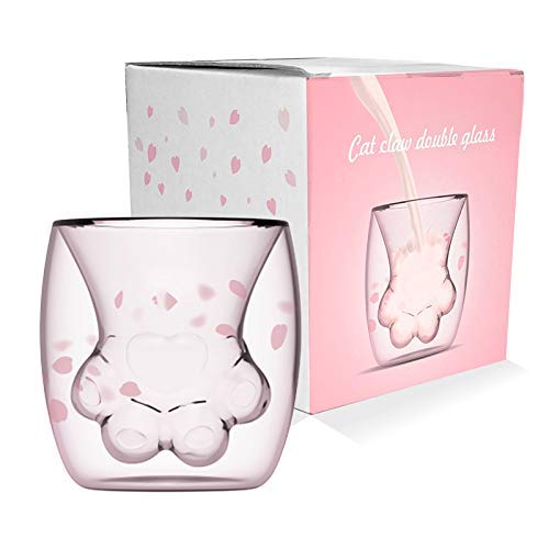 BALANSOHO Sakura Coffee Mug Double Wall Glass Cup Cat Claw Cup Heat-Resistant Handmade Creative Milk Mug Tea Whiskey Cup