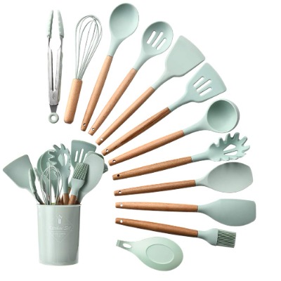 Kitchen Utensils, Silicone and Wood handle Heat-Resistant Non-Stick Cooking Tools Set of 11 with a Plastic Holder, Turner, Whisk, Spoon,Brush,Spatula, Ladle, Slotted turner, Tongs Pasta Fork,Brush (Green)
