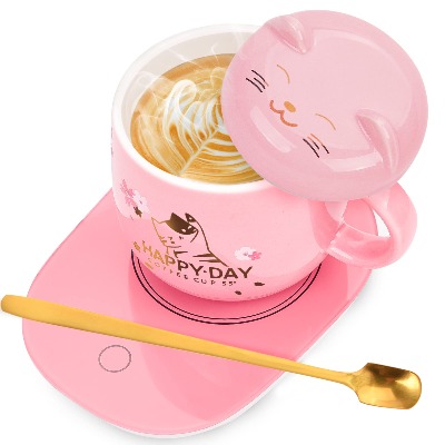 Cat Mug Cute Ceramic Coffee Cup with Warmer, Novelty Coffee Cup Tea Milk Mug with Lovely Cat Lid Coffee Lover Gifts Birthday Gifts for Women, Friends, Her, Wife, Mom, Valentine's Day Coffee Gift Pink