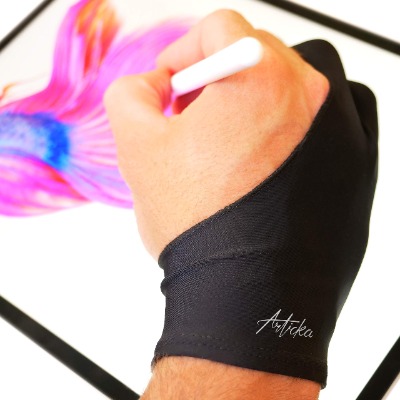 Articka Artist Glove for Drawing Tablet, iPad (Smudge Guard, Two-Finger, Reduces Friction, Elastic Lycra, Good for Right and Left Hand)(Small, Black)