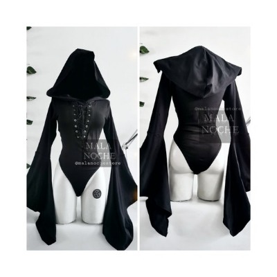 Bodysuit Black Gothic Bell Sleeves Bodysuit Goth Cotton | Etsy